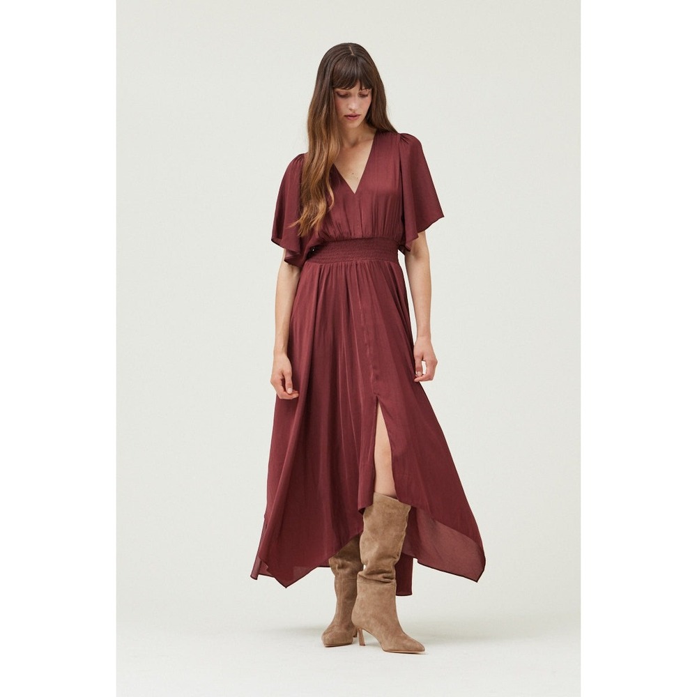 Grade & Gather Maxi Dress Womens S Burgundy NEW Unbalanced Skirt V-Neck 60883